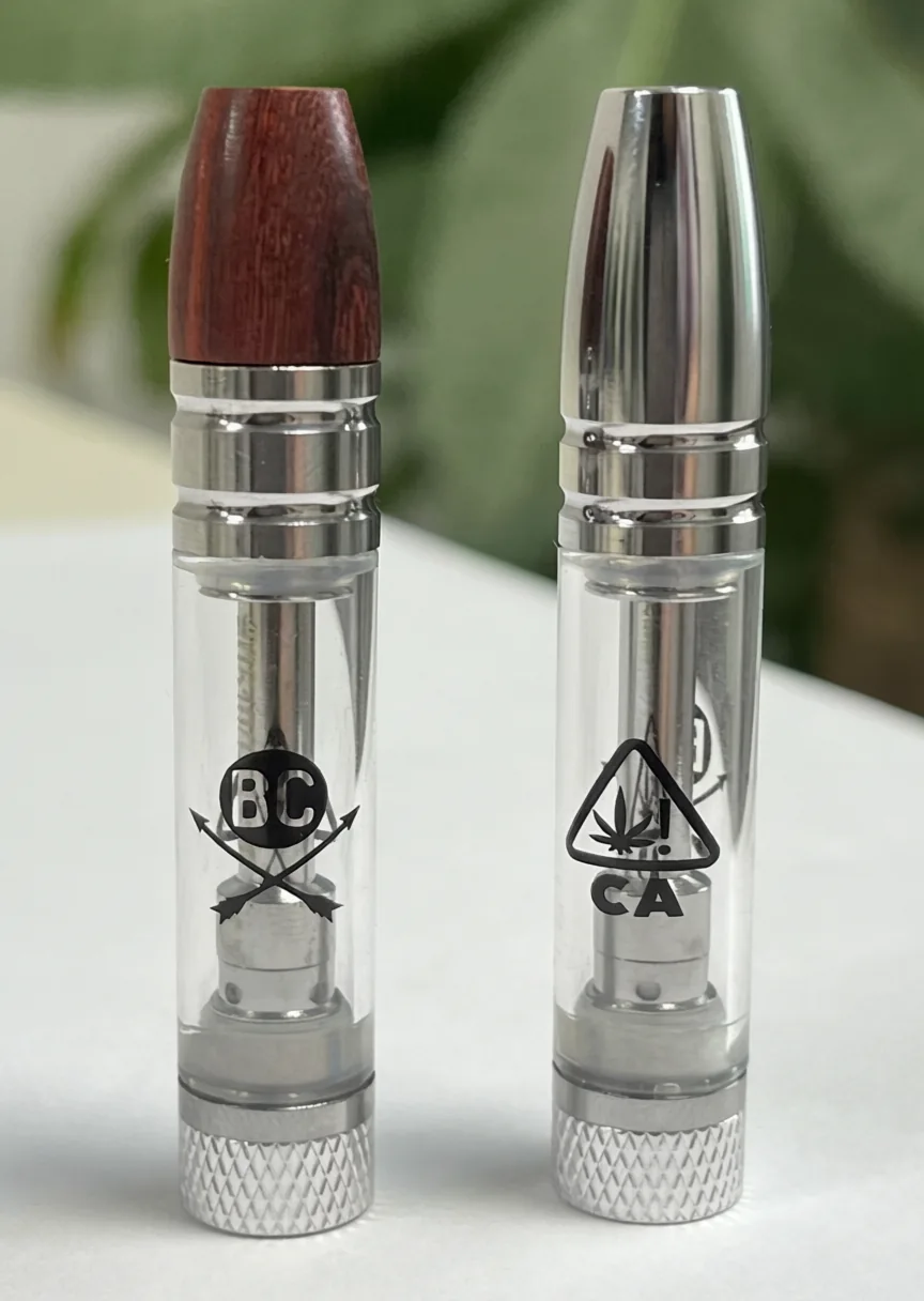 BC 510 thread cartridge with wood mouthpiece — desk lifestyle shot, sample order available before OEM