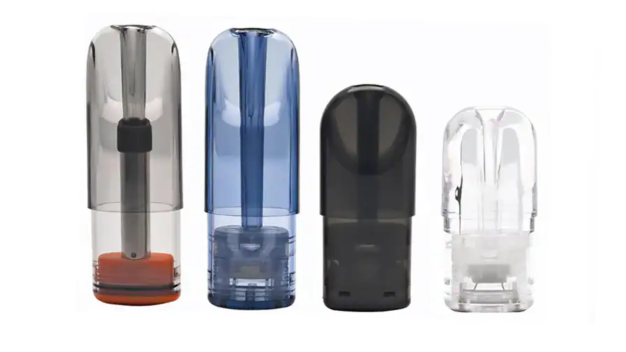 Side-by-side comparison of 0.5ml, 1ml, 2ml, and 3ml empty refillable vape pods for wholesale